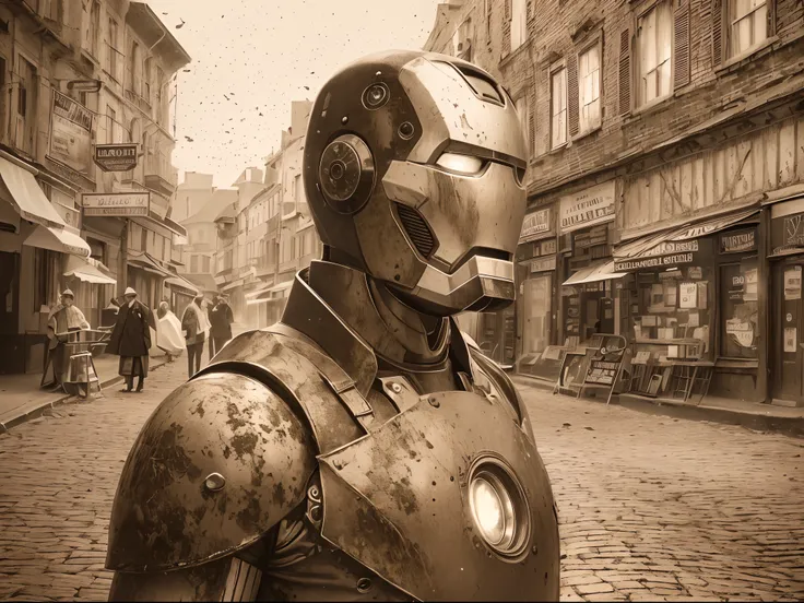 (best quality,4k,8k,highres,masterpiece:1.2), (classical), (Historical photo), (Sepia tone), (noise), ultra-detailed, realistic:1.37, full body shot, Iron Man In the middle of town in 1924, rusty iron, old-fashioned, ancient atmosphere, distortion effect, ...