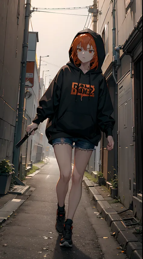 1 female 20 years old, medium orange hair, black hooded jacket, put on hood, hood up, black jean shorts, hand holding hunting kn...