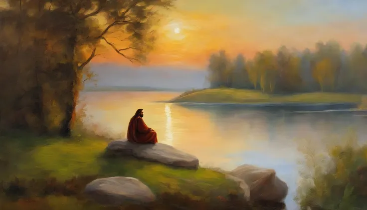 Jesus, A peaceful and serene outdoor scene of Jesus sitting on a rock by a tranquil lake surrounded by nature with a warm golden light shining down on him. His face is calm and meditative as he looks out towards the horizon. The colors are earthy and natur...