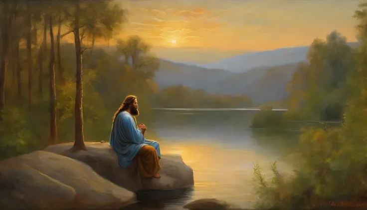 Jesus, A peaceful and serene outdoor scene of Jesus sitting on a rock by a tranquil lake surrounded by nature with a warm golden light shining down on him. His face is calm and meditative as he looks out towards the horizon. The colors are earthy and natur...