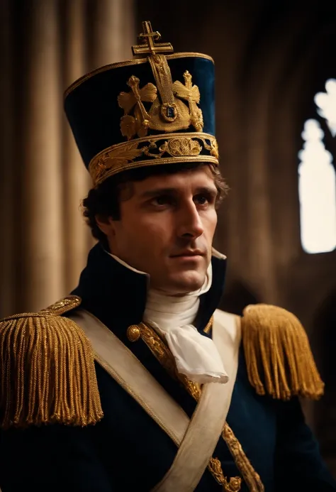 A Napoleon Bonaparte putting a crown on his head faces the conversation at Notre Dame, cinemactic