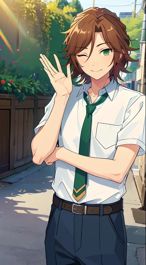 ((masterpiece, pixiv, best quality, absurdres,)) , cute, ultra-detailed, perfect anatomy, outdoors, mikejima madara, ensemble stars, solo, smile, brown hair, 1boy, green eyes, male focus, one eye closed, necktie, sunlight, short sleeves,