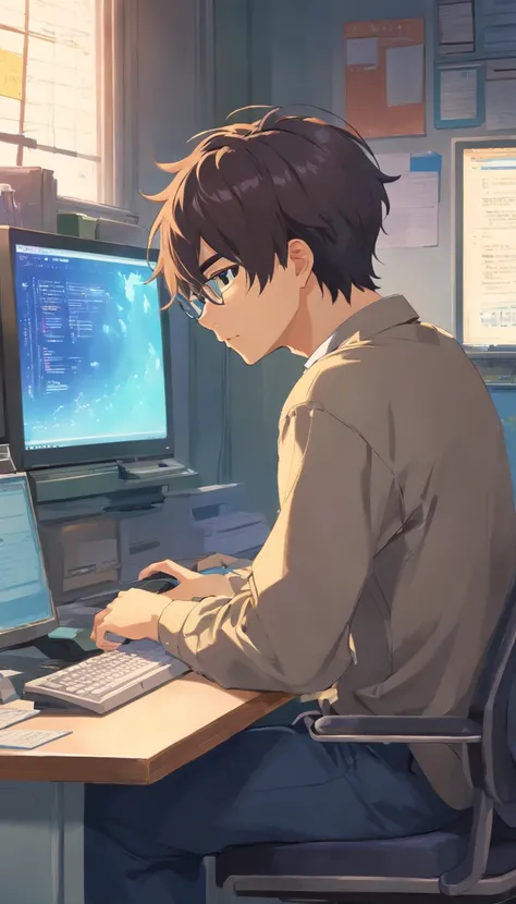 1 Man sitting in front of a computer typing，Face away from the camera，The background is the office of a lot of people , Shirt, trousers, overalls