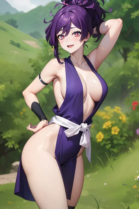 1girl, Yuzuriha_(Jigokuraku), purble hair, Ninja, roupas abertas, small boobs, Topknot, mid hair, breasts apart, smile, ao ar livre, (blush:1.1), NSFW, cowboy shot, face madura, peaking nipple, tall woman, tall girl, small boobs