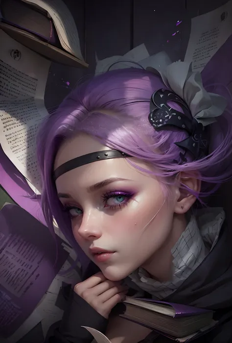 Poster of a girl with blindfolded eyes and lilac hair, the shadows and torn pages of books around you, sombras verdes e roxas Em volta dela, a garota segura um livro