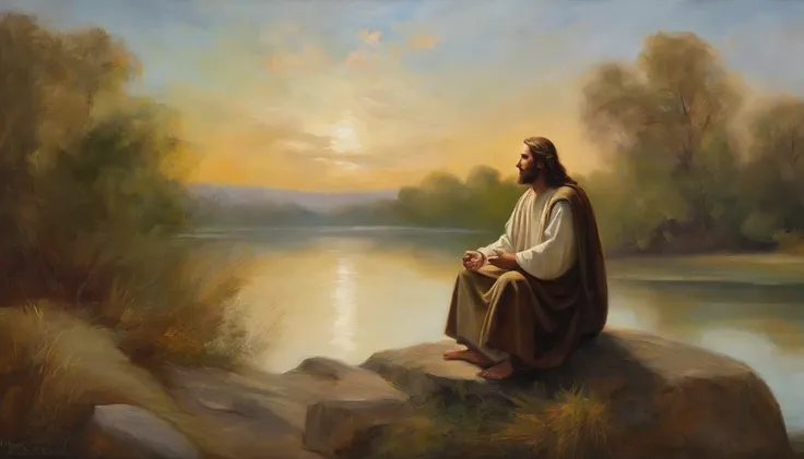 Jesus, A peaceful and serene outdoor scene of Jesus sitting on a rock by a tranquil lake surrounded by nature with a warm golden light shining down on him. His face is calm and meditative as he looks out towards the horizon. The colors are earthy and natur...