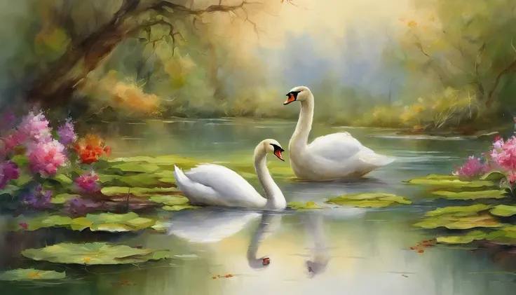 Beautiful white
 swans are swimming in a peaceful pond. Lotus flowers are blooming in the pond. Deer are drinking water by the pond. Inspired by Thomas Kinkade, flowers are blooming alongside the pond.