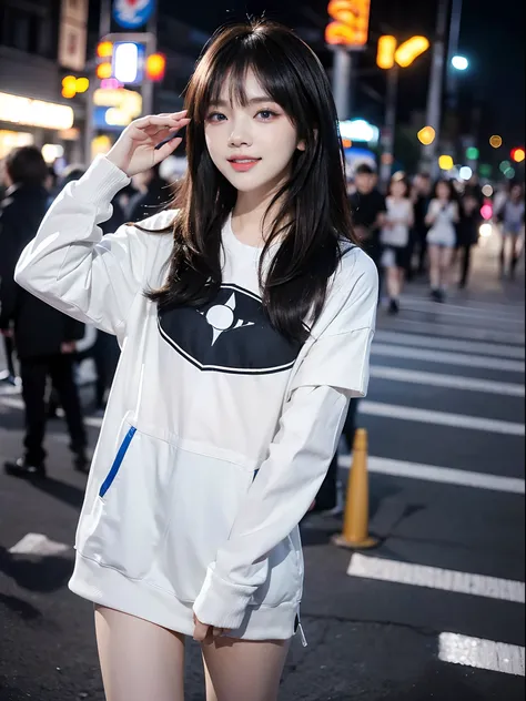 ((4K works))、​masterpiece、(top-quality)、1 beutiful girl、Slim body、((Attractive clothes in black and white))、(Detailed beautiful eyes)、Walking together on the road at night、((Face similar to Carly Rae Jepsen))、((Boyish Gold Medium Hair))、((Smaller face))、((...