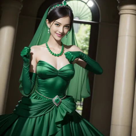 emerald tiara, Green Pearl Necklace, Boyish very short green hair, lipsticks, Japan woman smiling, very short short hair, fist, big breasts beautiful, Green eyes, Long green gloves made of satin material, Green eyes, Emerald Earrings