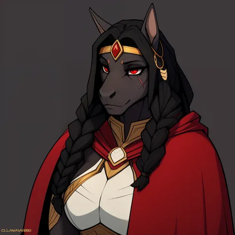 Lanky_muscular_mature_horse female black_hair short_braided_wavy_hair dark_gray_furry_body red_eyes slit_pupils scars heavy_plate_armor thick_circlet red_fur_cape solo Masterpiece best_quality absurdres highly_detailed cleanly_drawn_eyes anthro_only by_cla...