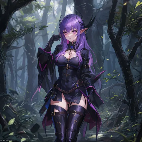 sharp focus, elf girl, purple hair, pink eyes/black pupils,dark forest, masterpiece, sexy pose, dark clothes, ass, black thigh high boots