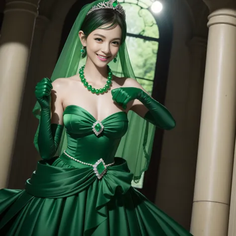 emerald tiara, Green Pearl Necklace, Boyish very short green hair, lipsticks, Japan woman smiling, very short short hair, fist, big breasts beautiful, Green eyes, Long green gloves made of satin material, Green eyes, Emerald Earrings