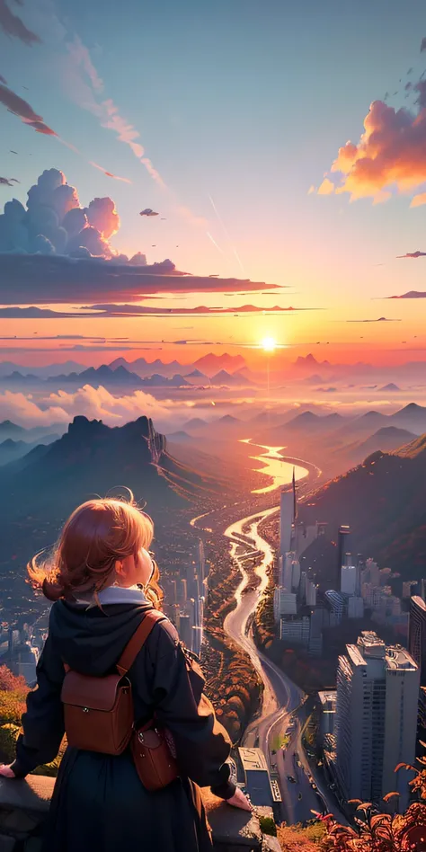 hentail realism，A huge city spread、The rising sun of the skyscraper army、The early morning sun was beautiful、horizon，composed々The sky is getting brighter、Huge autumn clouds、Vibrant colors、Girl watching from the top of a mountain in the distance