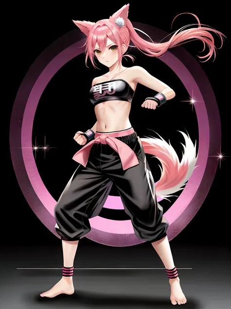 Anime girl with pink hair and black pants posing in front of a pink circle, raposa nobushi, haruno sakura, Sakura Haruno no modo Slug Sage, sakura haruno, raposa cor-de-rosa, Pose de lutador, como personagem em tekken, female action anime girl, Personagem ...