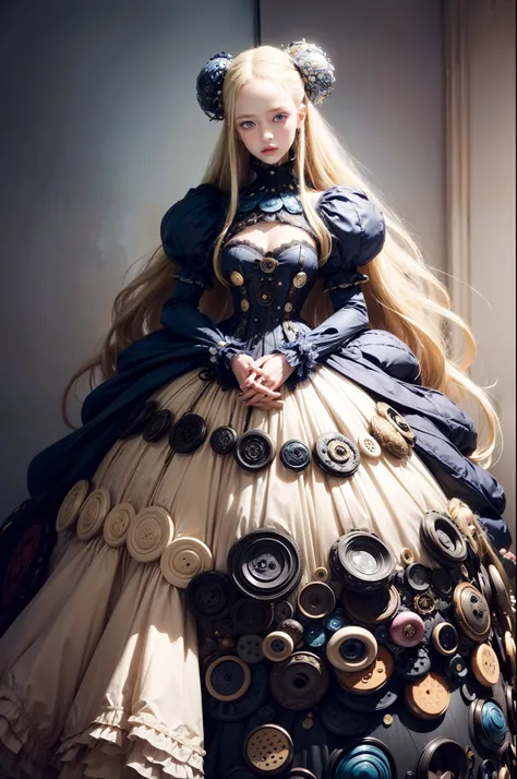 A stylish woman with long blonde hair and blue eyes, wearing a unique outfit made of piles of buttons of clothes of various sizes and colors, weird fashion, weird and beautiful, themed fashion style, photo magazine, (by Tim Walker & Alexander McQueen & Iri...