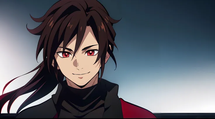 Masterpiece, Best Quality, 1Boy, Solo, Light Brown hair, Long hair ponytail, parted bangs, Red Haori, Black turtleneck, Long Brown hair, Red eyes, Demon Slayer, light smile, Power, cinematic lighting, light tracing