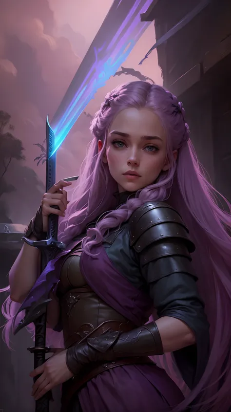 Game of Thrones style poster: A lilac-haired warrior holding a sword, She has her back to the viewer holding the sword, a mulher tem uma tatuagem de uma serpente nas costas e usa um vestido de couro preto