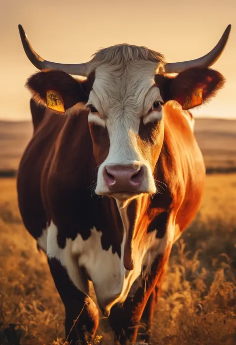 (Stunning shot),Lonely cow, Detailed fur, Majestic horns, A peaceful look, Breathtaking scenery, bright colours, natural lighting, hight resolution, Captured moment, Стиль National Geographic, Silhouette of a cow, golden hour, serene atmosphere, picturesqu...