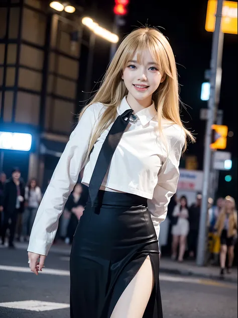 ((4K works))、​masterpiece、(top-quality)、1 beutiful girl、Slim body、((Attractive clothes in black and white))、(Detailed beautiful eyes)、Walking together on the road at night、((Face similar to Carly Rae Jepsen))、((Boyish blonde long hair))、((Smaller face))、((...