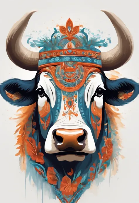 Bull Spirit, Painting in the national style, National Tide, whitebackground