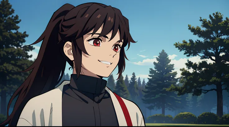 Masterpiece, Best Quality, 1Boy, Solo, Light Brown hair, Long hair ponytail, parted bangs, Red Haori, Black turtleneck, Long Brown hair, Red eyes, Demon Slayer, light smile, Power, cinematic lighting, light tracing, outdoors, tree, blue sky