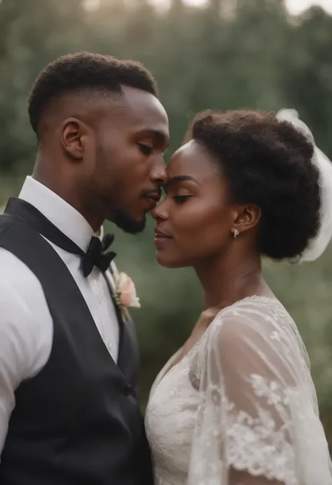 Hyper realistic image of a young black man and a beautiful young black woman in wedding outfit, with highly detailed faces. Dans un espace vert avec couchant de soleil