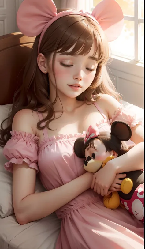 Sleeping Girl, 20 years old, Realistic,Minnie Mouse Cosplay, Expressions of satisfaction and relief, Brown hair. Pink bed theme and some cute stuffed animals on the bed,An ultra-high picture quality,high-detail,