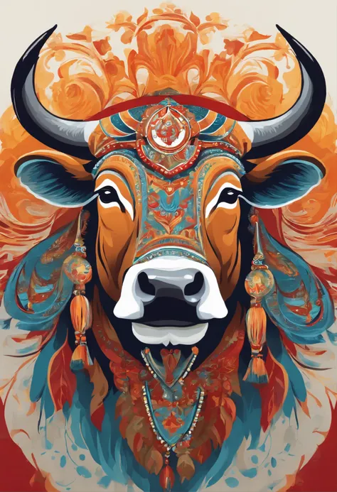 Bull Spirit, Painting in the national style, National Tide, whitebackground