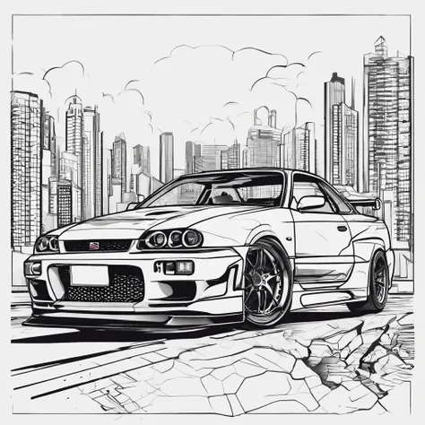 a poster of a woman with a car in the background, nissan gtr r 3 4, striking manga artstyle, art deco outrun anime aesthestic, anime graphic illustration, cobbled together nissan r34 gtr, striking detailed artstyle, anime style illustration, manga style on...