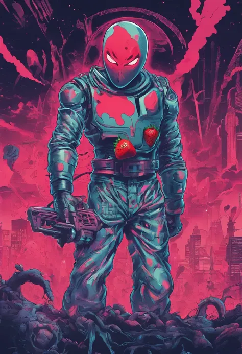 An Anime masterpiece a Humanoid Strawberry with a Psycho face, Holding a Chainsaw, Fighting Humanoid Zombie Fruits in a City at night, HD , Cinematic