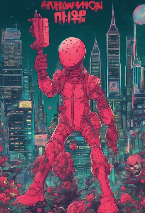 An Anime masterpiece a Humanoid Strawberry with a Psycho face, Holding a Chainsaw, Fighting Humanoid Zombie Fruits in a City at night, HD , Cinematic