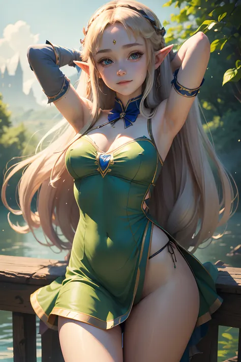 masterpiece,best quality,zelda(princess), 1girl, solo, (teenager_girl), long_hair, wet_armpit, no_panties, big_legs, no_bra, shorts_dress,big_hips, ribbon_hair, open_navel, half_smile.