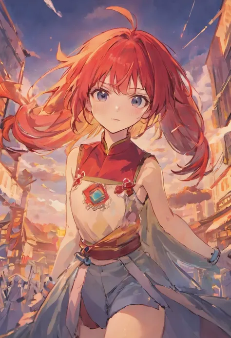 A good-looking girl eith red hair, Erza scarlet lora，Abs，brush cut，Broken temple，with blue sky and white clouds