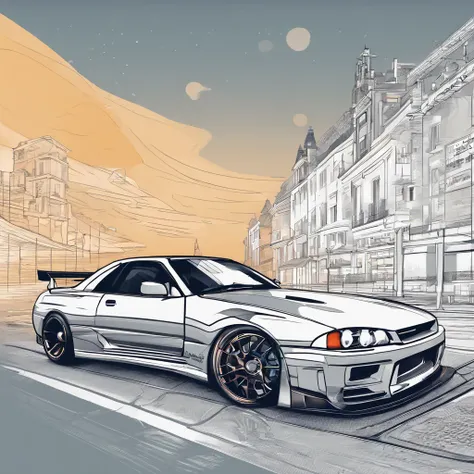 a poster of a woman with a car in the background, nissan gtr r 3 4, striking manga artstyle, art deco outrun anime aesthestic, anime graphic illustration, cobbled together nissan r34 gtr, striking detailed artstyle, anime style illustration, manga style on...