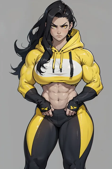 ((grey background)), solo, ((((1 girl)))), very long hair, black hair, angry, yellow eyes, (((((muscular))))), (huge tits), (thick thighs), (wide hips), pale skin, standing, slick hair, hoodie, leggings