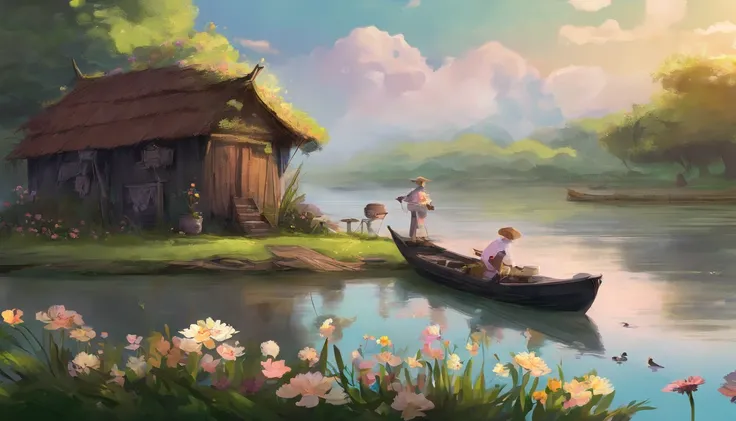 There are a old hut beside the river, a fishing boat near hut over the water, ducklings are swimming near the boat, flowers are blooming beside the hut, an old man smoke and sitting in front of the hut.