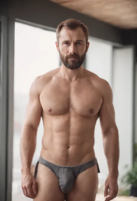 A handsome russian man, beard, 40 year old, matured, toned body, big male person(only wearing fundoshi), (full body)(big pecs, hairy chest) manspreading, messy hair, solo, absurd quality+details+texture+perfection