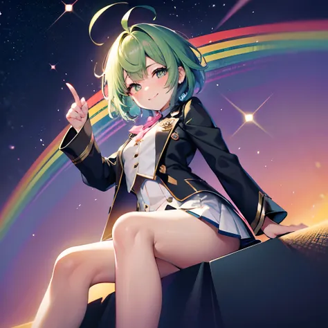 超A high resolution, Best aesthetic, Top quality depiction of the foot, Put on a jacket,  Green and blue hair on the back, Flat Avatar,  Anime visuals of cute girls, Cute art style, Chibi,  Shorthair, Ahoge, is shy, A smile, hair adornments,Chest out, absur...