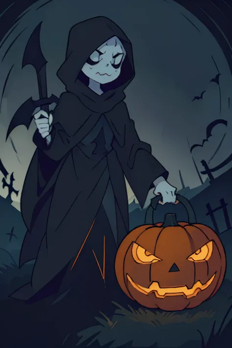 Generate a haunting and eerie artwork where a menacing pumpkin, carved with a terrifying face, morphs into a grim reaper. The pumpkin should have an unsettling smile that sends shivers down the spine. The grim reaper version of the pumpkin should be holdin...