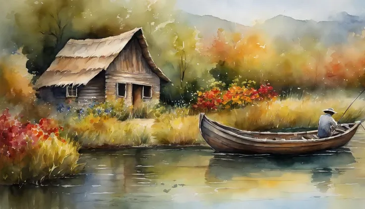 There are a old hut beside the river, a fishing boat near hut over the water, ducklings are swimming near the boat, flowers are blooming beside the hut, an old man smoke and sitting in front of the hut.