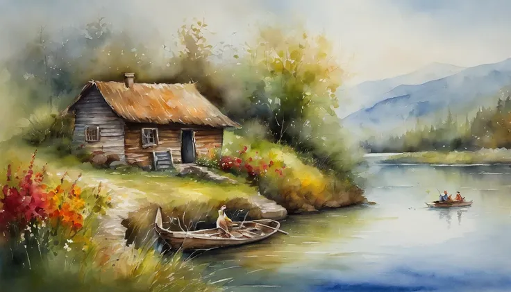 There are a old hut beside the river, a fishing boat near hut over the water, ducklings are swimming near the boat, flowers are blooming beside the hut, an old man smoke and sitting in front of the hut.