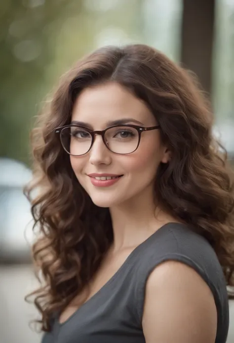 attractive woman, curly brunette hair, glasses, nice smile, gym rat