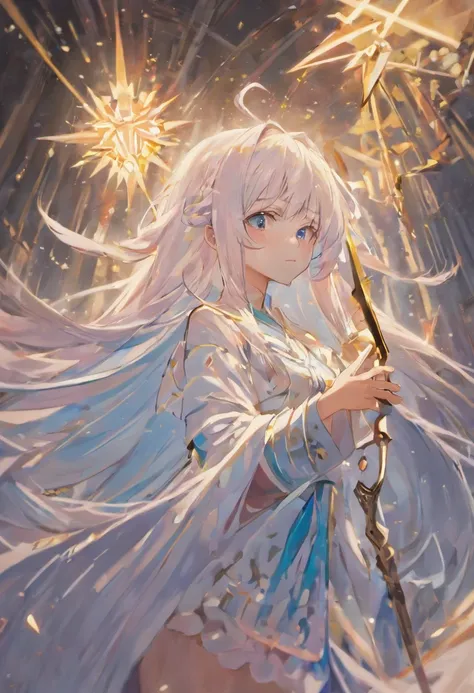 Kiana Kaslana，A girl with long white hair，8K，Delicate girl，Holding a red greatsword，blue colored eyes，White clothes，Cute，Masterpiece，Top quality