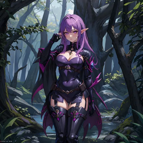 sharp focus, elf girl, purple hair, pink eyes/black pupils,dark forest, masterpiece, sexy pose, dark clothes, ass, black thigh high boots, skinny