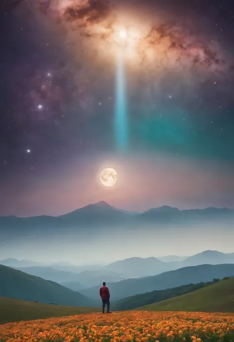 Vast landscape photos, (from below, the sky above, open fields below), a boy standing on a flower field looking up, (Full Moon: 1.2), (Meteor: 0.9), (Nebula: 1.3), Distant Mountains, Trees BREAK Making Art, (Warm Light Source: 1.2), (Firefly: 1.2), Lamps, ...