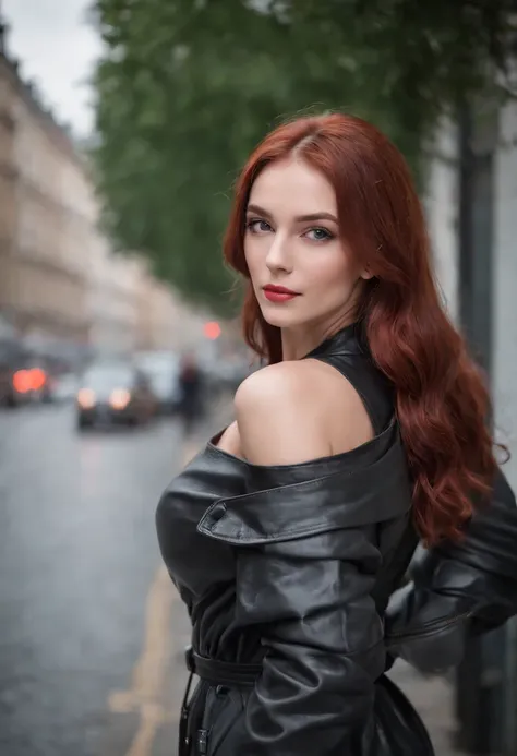 handsome girl, leather black long raincoat, naked muscular body, thigh holster, Long red hair, cunning playful expression on his face;, Bright make-up, Empty City Street, A cloudy day, photographic quality.