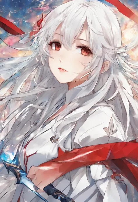 Kiana Kaslana，A girl with long white hair，8K，Delicate girl，Armed with a red giant sword，blue colored eyes，White clothes，Cute，Masterpiece，Top quality