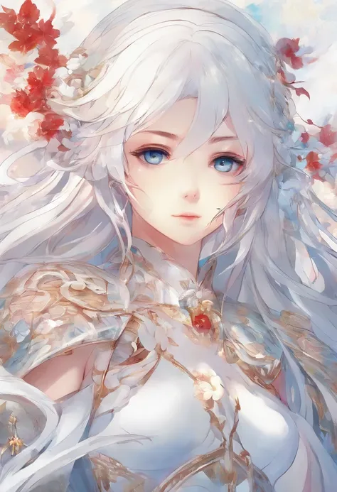 Kiana Kaslana，A girl with long white hair，8K，Delicate girl，Armed with a red giant sword，blue colored eyes，White clothes，Cute，Masterpiece，Top quality