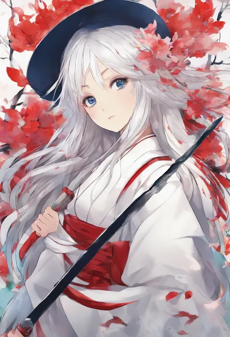 Kiana Kaslana，A girl with long white hair，8K，Delicate girl，Armed with a red giant sword，blue colored eyes，White clothes，Cute，Masterpiece，Top quality