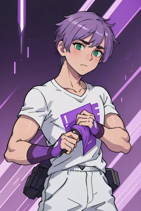 1boy, short white hair with purple streak, Green eyes, Purple Gloves, Clean purple sleevesless t-shirt, brown pants, absurdres, high res, ultrasharp, 8k, 4k, FullHD, masterpiece, base for model, straight, stopped